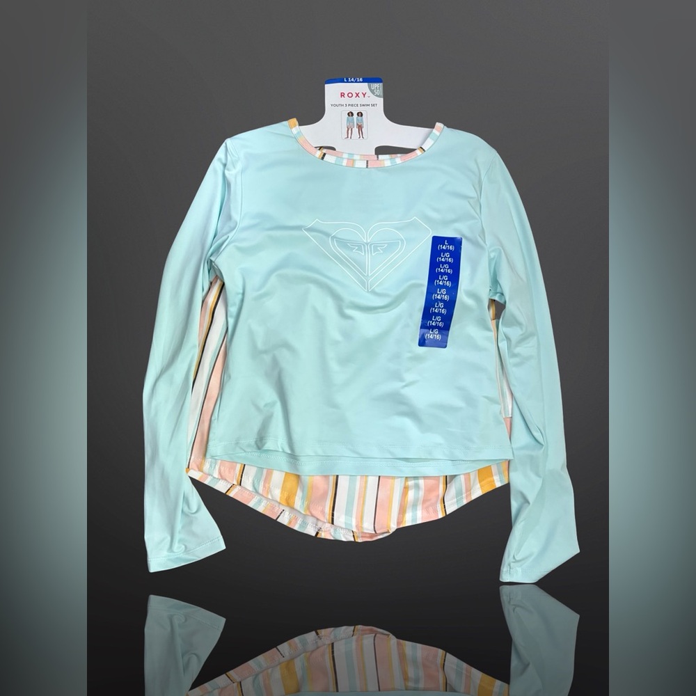 New! Roxy Youth 3-piece Swim Set Light Blue Girls SZ Large 14/16 UPF 50